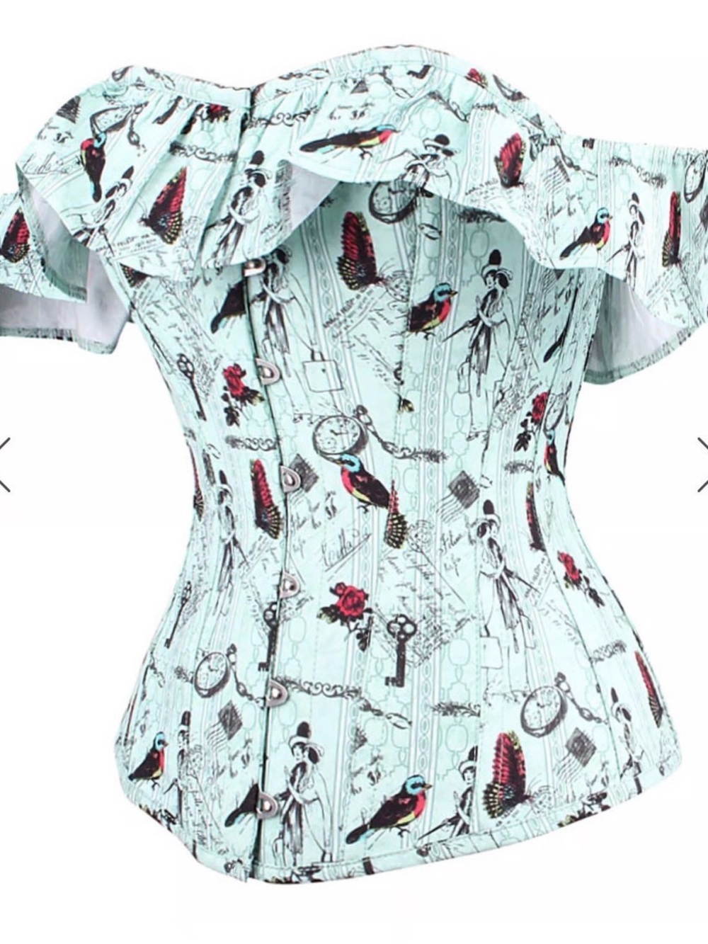 Corset story Off-Shoulder Mint Bird Print Corset Top uk-12